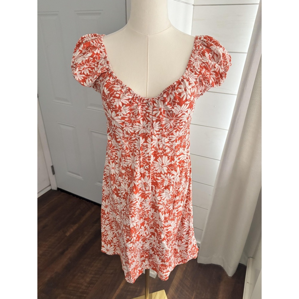 Madewell Dress Womens 4 Orange Floral Scoop Neck Puff Sleeve Mini Sundress
